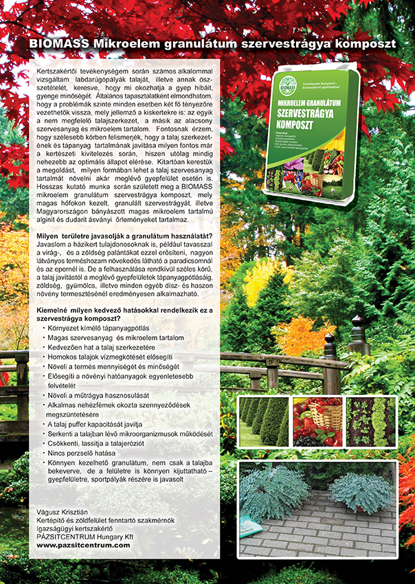 BIOMASS Mikroelem granulátum szervestrágya komposzt, kert, trágyázás, gyepkezelés, PÁZSITCENTRUM Hungary Kft