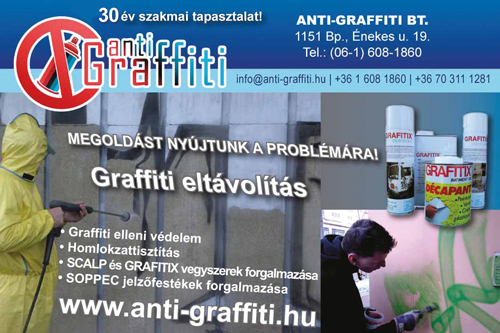 Graffiti eltávolítás Graffiti elleni védelem Homlokzattisztítás 
							Kromofággal kezelt felület tisztítása GRAFITIX vegyszerek forgalmazása SOPPEC jelzőfestékek forgalmazása 
							ANTI-GRAFFITI Bt.