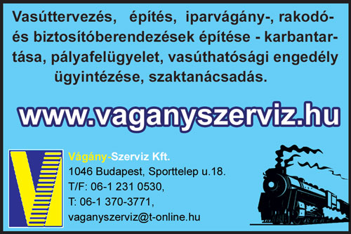Vasúttervezés,- építés, iparvágány-, rakodó- és 
							biztosítóberendezések építése - karbantartása, pályafelügyelet, vasúthatósági 
							engedély ügyintézése, szaktanácsadás, Vágány-Szerviz Kft.
